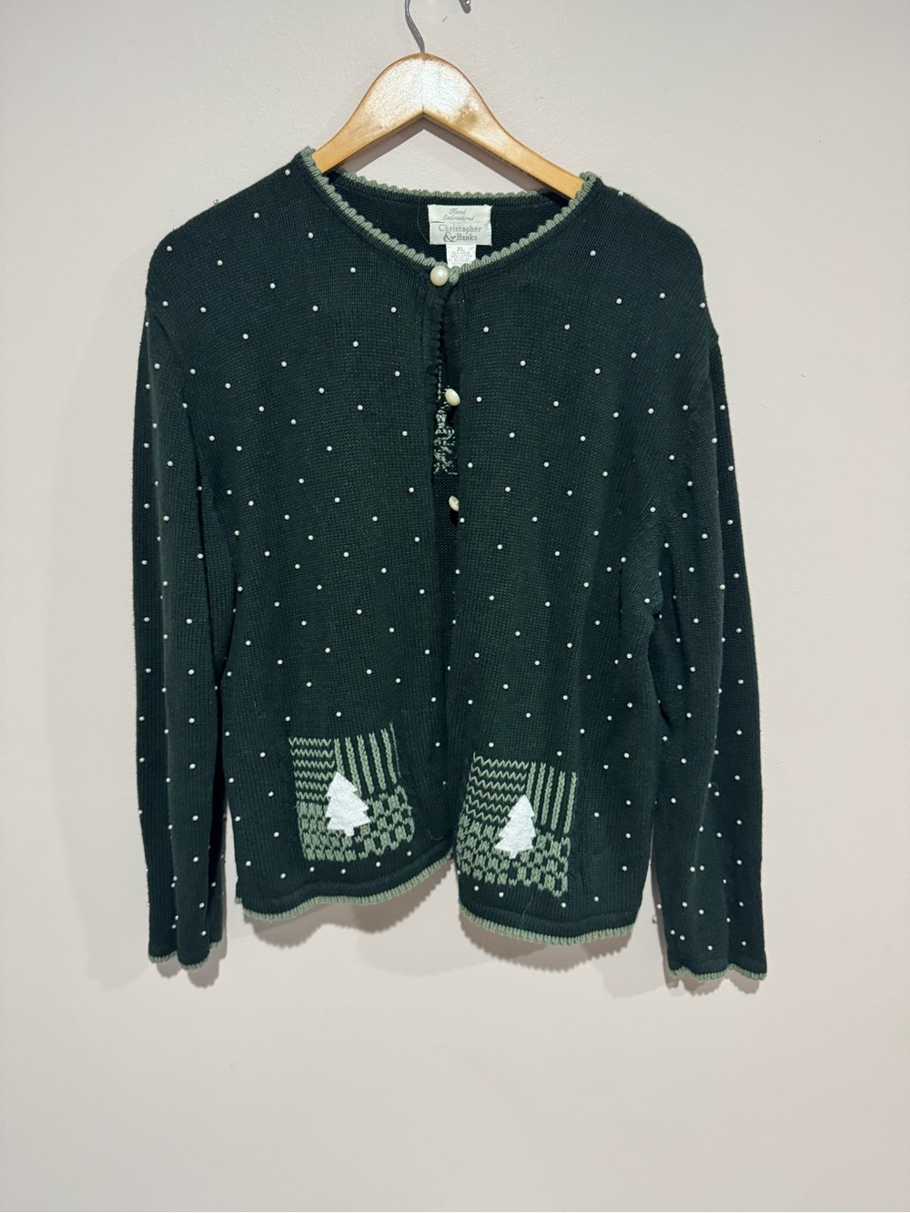 CJBanks Vintage Christmas Sweater XL Raime Cotton Pearls moss green